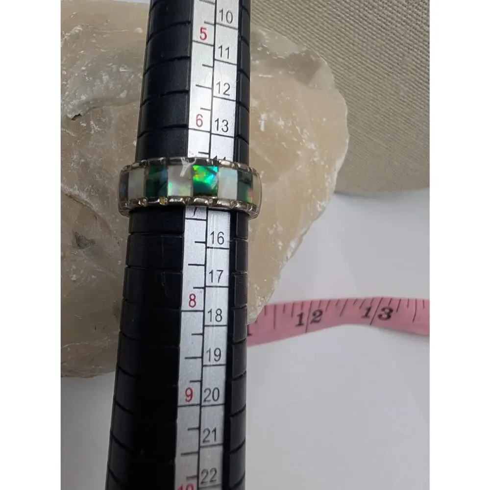 Fashion Band Ring Abalone Shell & Mother of Pearl Inlay Size 7 Silver Tone Wide